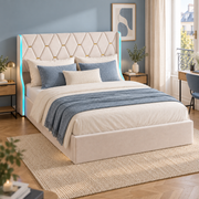 Lit coffre en velours beige 160 × 200 cm — mise en scène dans une chambre contemporaine bleue