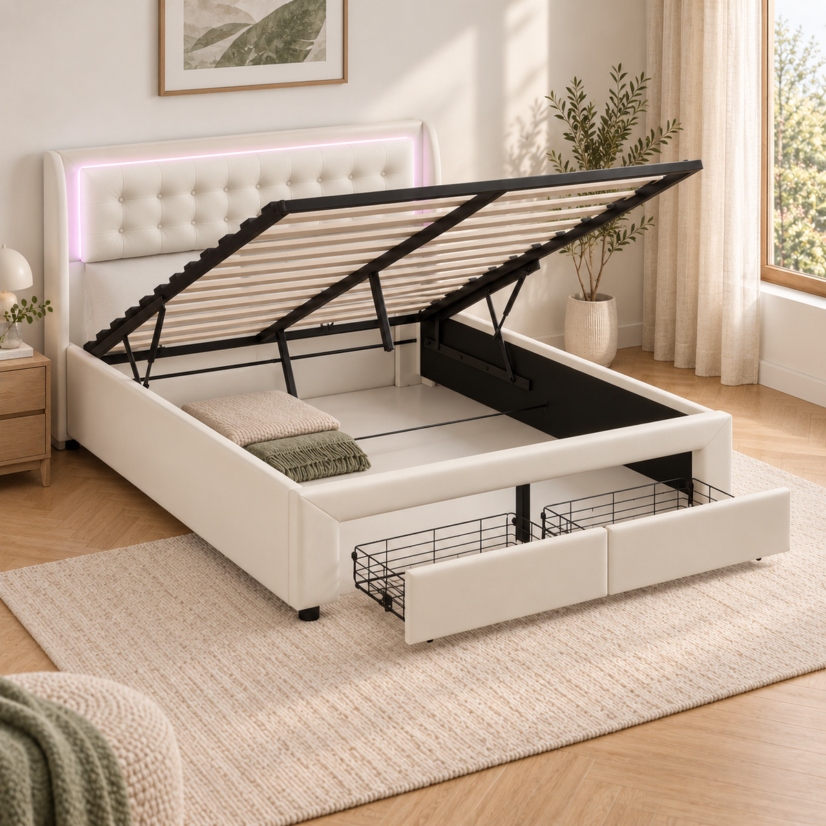 Lit coffre beige 140 × 190 cm avec deux tiroirs — rangements ouverts