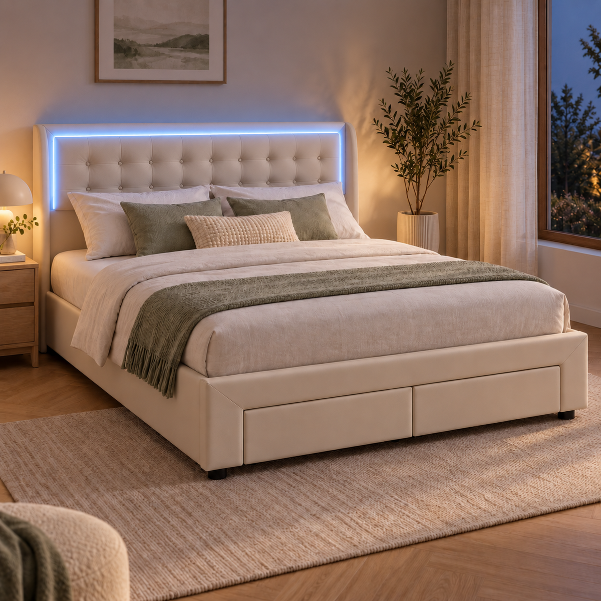 Lit coffre beige 140 × 190 cm avec deux tiroirs — ambiance avec éclairage LED