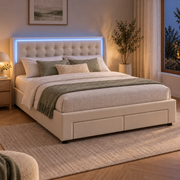 Lit coffre beige 140 × 190 cm avec deux tiroirs — ambiance avec éclairage LED