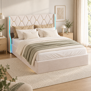 Lit coffre en velours beige 160 × 200 cm — vue d’ensemble