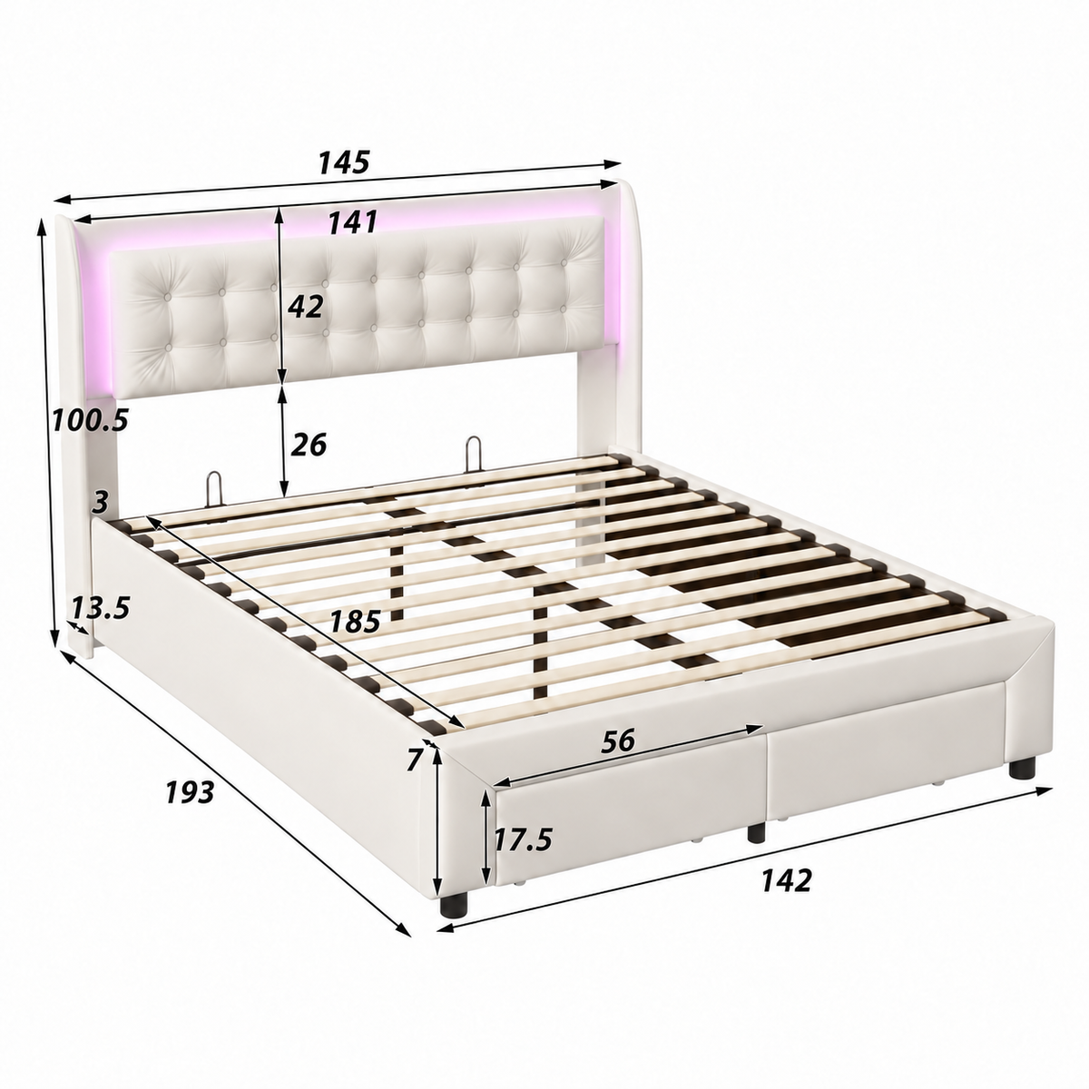 Schéma des dimensions du lit coffre beige 140 × 190 cm, format carré : cadre 193 × 142 cm et tête de lit 145 × 100,5 cm