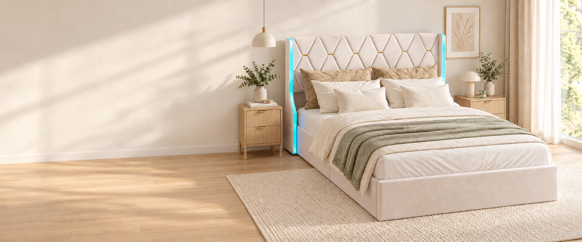 Lit en velours beige avec tête capitonnée et éclairage, dans une chambre claire.