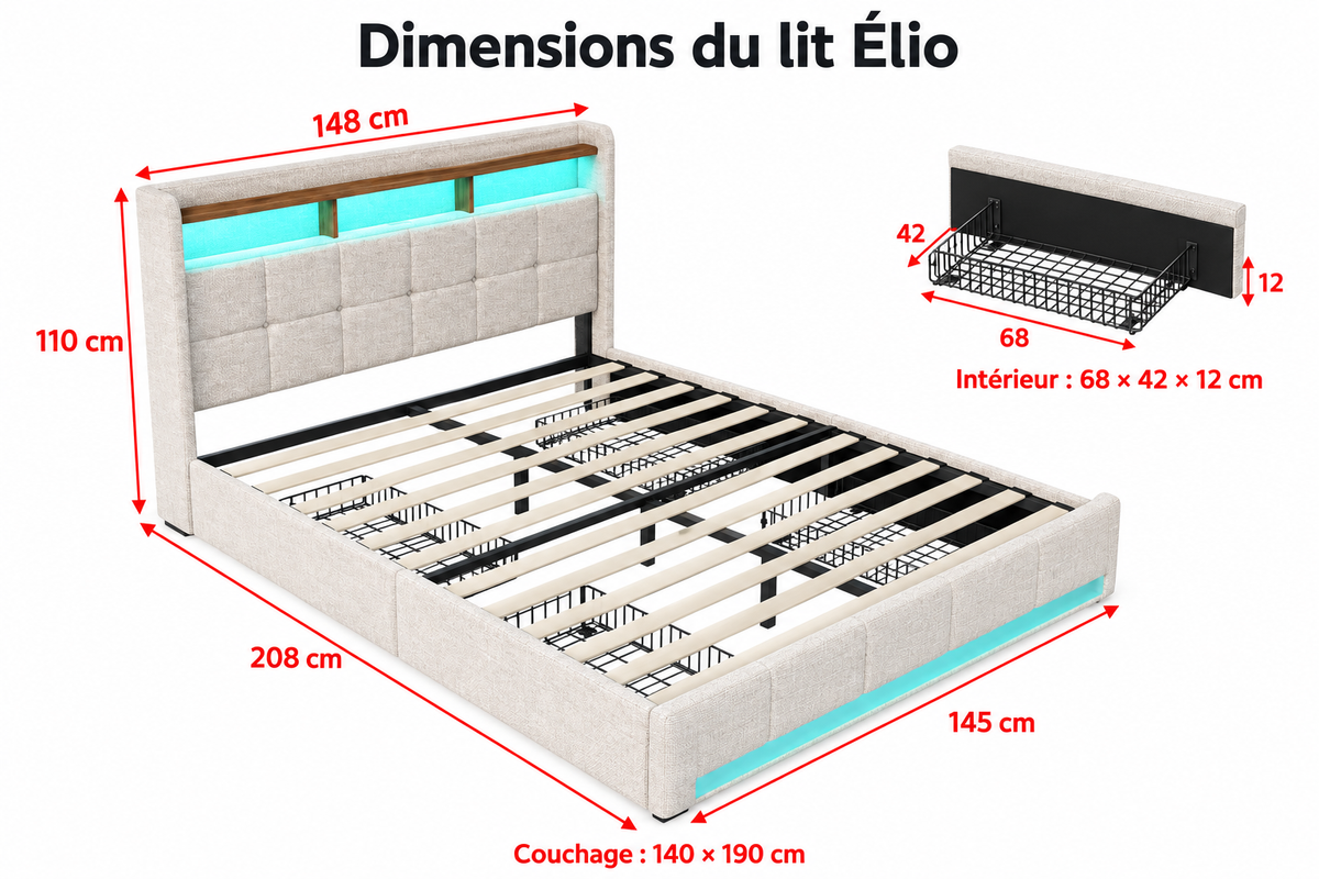 Dimensions du lit Élio — couchage 140 × 190 cm