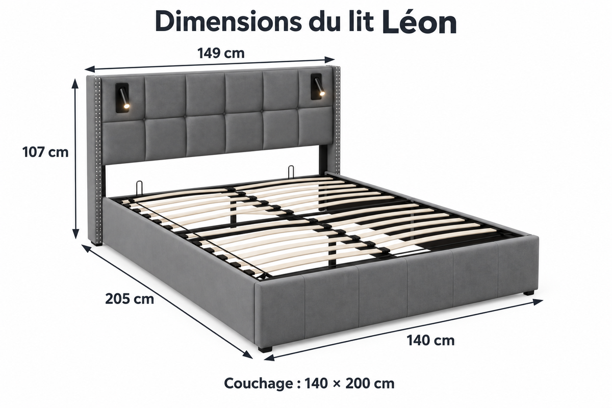Dimensions du lit Léon — couchage 140 × 200 cm