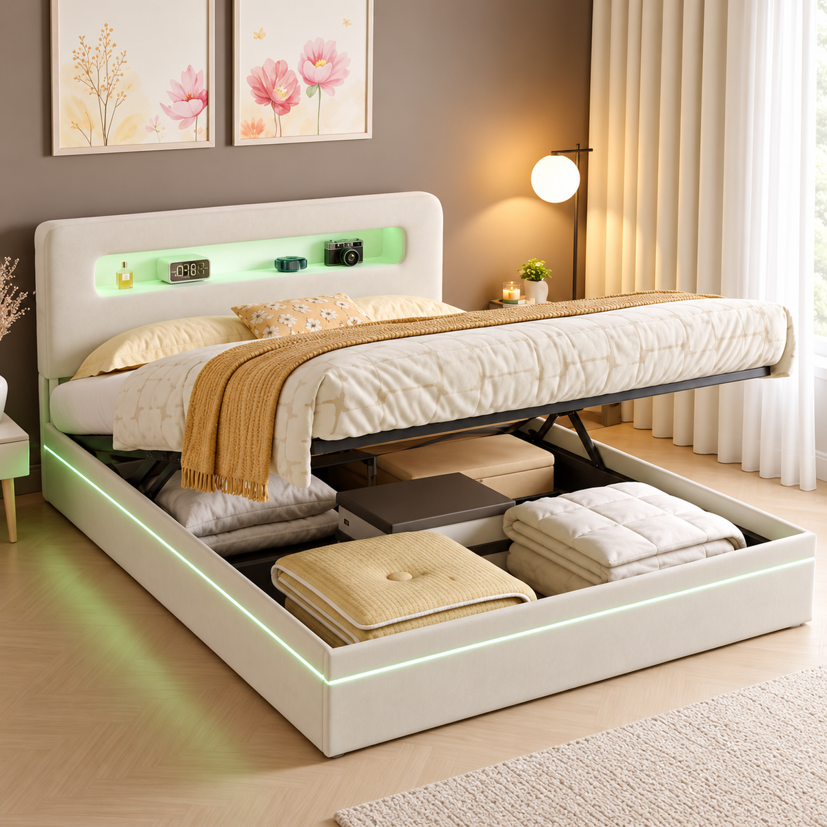 Luna — coffre ouvert sous le sommier relevable