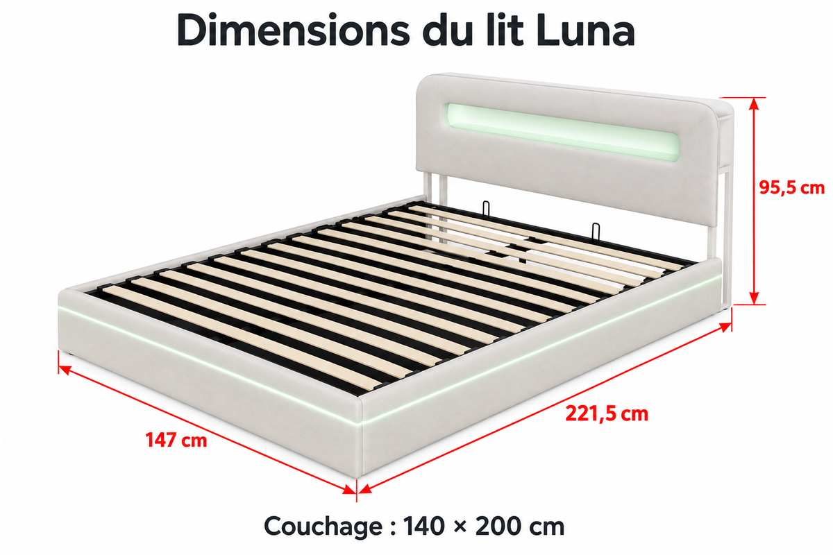 Luna — schéma des dimensions extérieures 221,5 × 147 × 95,5 cm