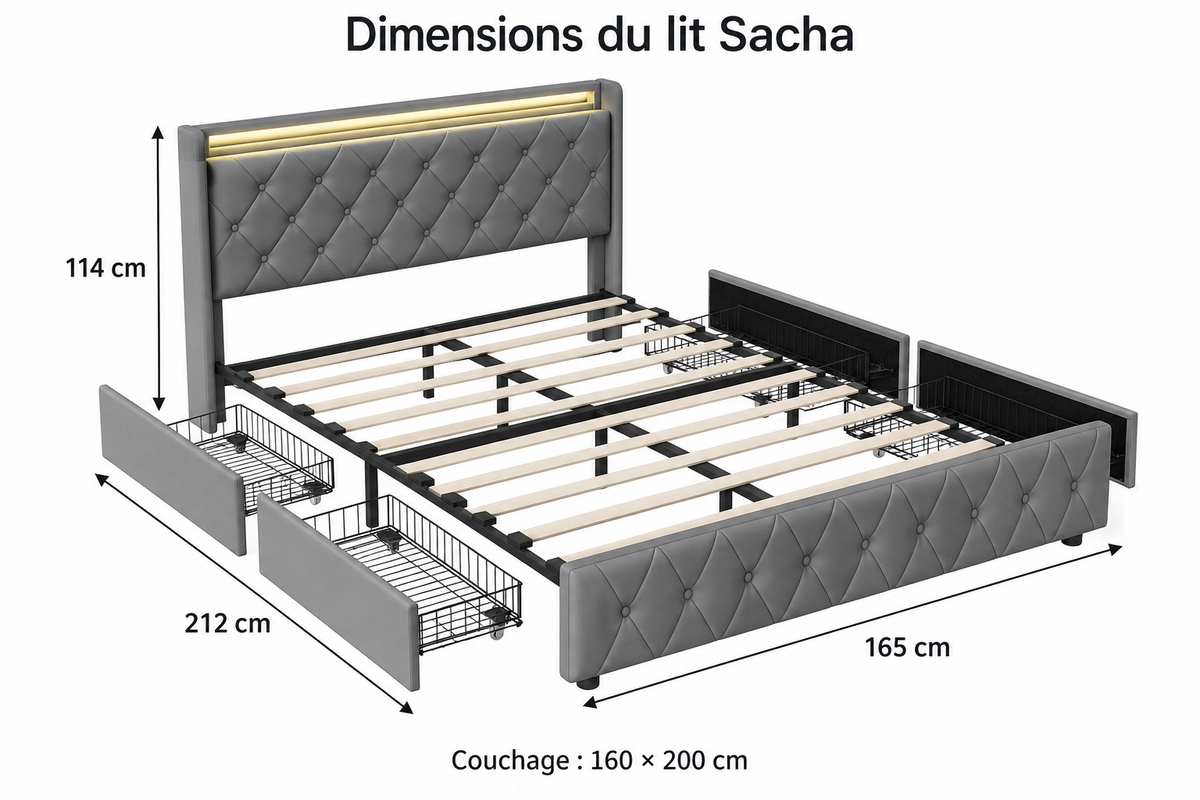 Sacha — schéma des dimensions du lit et des tiroirs
