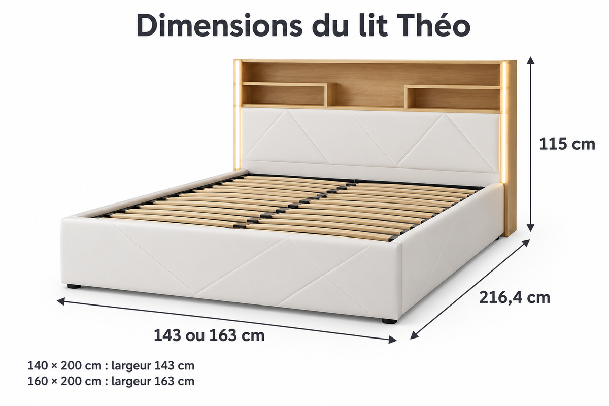 Dimensions du lit Théo — 140 × 200 cm ou 160 × 200 cm